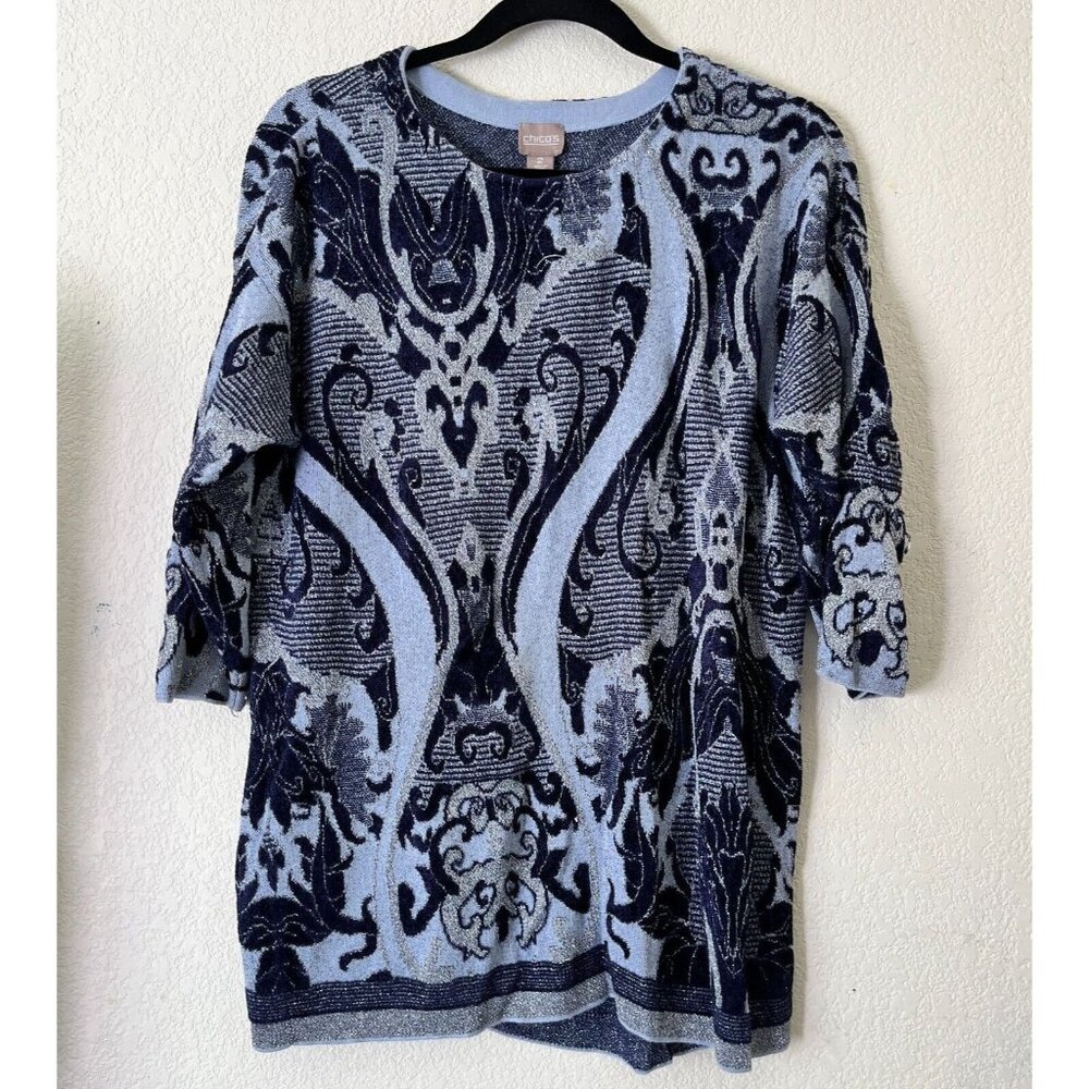 Chico's Womens Size 2 Blue Paisley Knit Sweater Pullover 3/4 Sleeve Lightweight